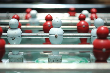 close up of Table football game, Soccer table with red and white players, selective focusing. 