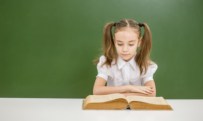 Little girl reading a book im classroom. Space for text