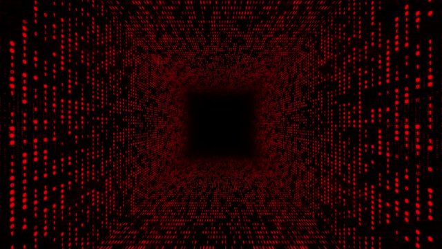 Abstract background with flying into digital tunnel from flickering particles, digits 0 and 1 as binary code and plexus of network. Animation of seamless loop.