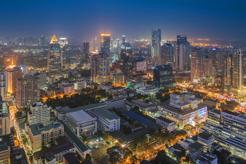 Fototapeta na wymiar Bangkok business and travel landmark famous district urban skyline aerial view at night.