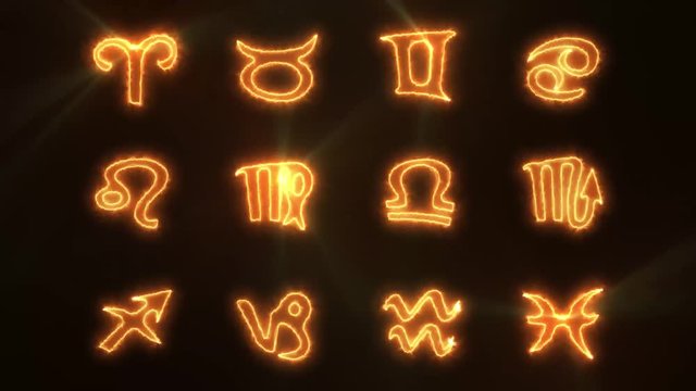 4k Fire Zodiac Signs And Icons Pack/
Animation of a pack of fire zodiac sign icons, containing each twelve astrology symbols, with burning flames and light rays