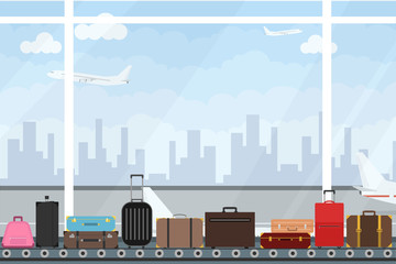 Conveyor belt at the airport with luggage. Tape with bug at the airport terminal. Flat design, vector illustration, vector.