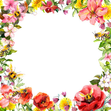 Honey bees in wild flowers, field herbs. Floral card, frame. Watercolor