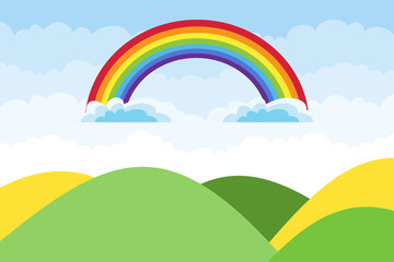 Rustic landscape, forest landscape in with a rainbow and fields. Flat design, vector illustration, vector.