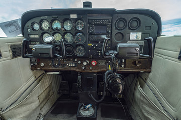 Cockpit of a light aircraft, just before a flight.