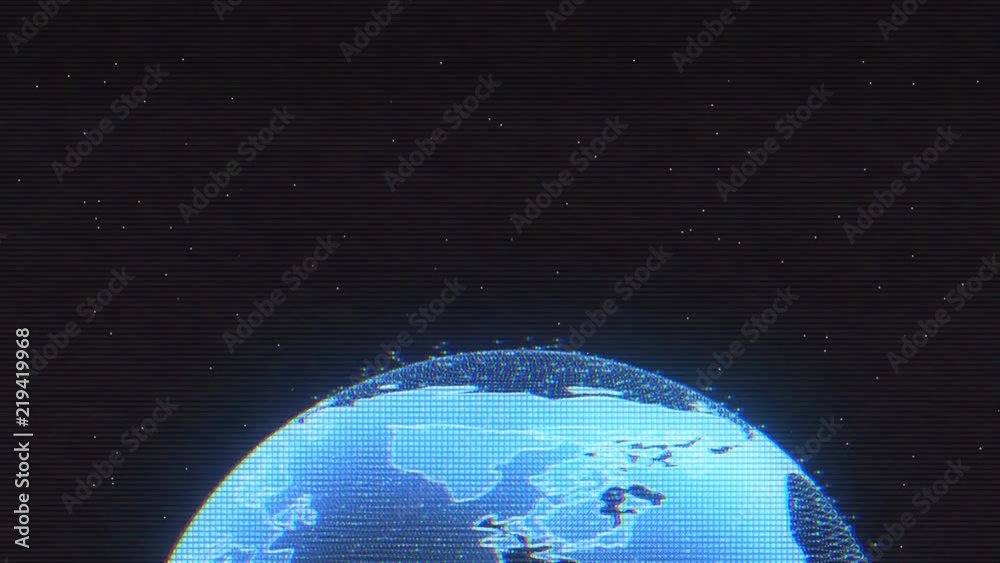 Poster Global Earth Rotating In Galaxy Space Motion Graphic Abstract. Spin Blue World With Interference Poor Signal Element Sun Flare Fast Speed Transition Change For Background, Screensaver, Infographic, 