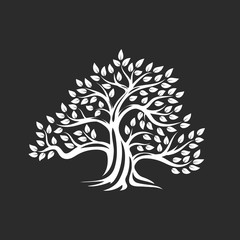 Organic natural and healthy olive tree silhouette logo isolated on dark background.