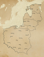 South East Baltic countries - Poland, Kaliningrad, Lithuania, Lietuva, Estonia. Map in old style, brown graphics in a retro / vintage style - obrazy, fototapety, plakaty