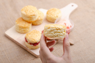 Homemade Cheese Scones with jam strawberry  on the wood Plate