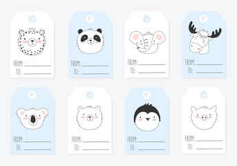 Vector collection of tags with cute animals in pastel colors