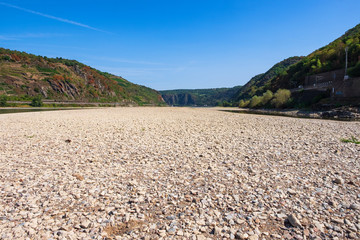 Das stark ausgetrocknete Flussbett des Rheins bei Oberwesel