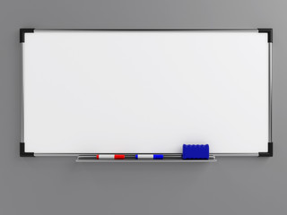 Empty whiteboard (magnetic board) on gray wall. Mockup template - 3D rendering