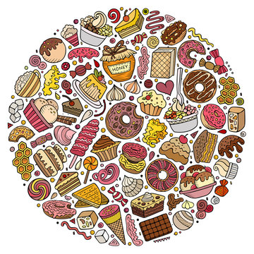 Set of Sweet food cartoon doodle objects, symbols and items