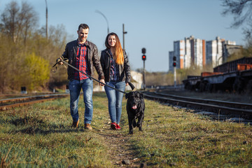 The couple walks arm in arm with a dog along a Railway track.