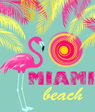 Mint color poster with Miami beach lettering, sun, pink and yellow palm leaves and flamingo. Art deco style
