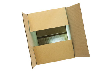 Carton box on a white background for transportation. The box is half open