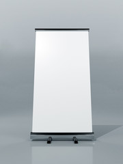 Outdoor Advertising Stand Banner (empty roll-up poster) - mockup template on gray background. 3D rendering