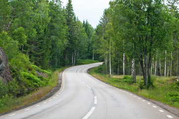 Fototapeta na wymiar Curvy asphalted road ahead through dark green summer forest in south Sweden in July.