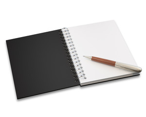 Empty notepad (sketch book) with pen isolated on white background