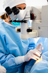 Eye surgery process, treatment of cataract and diopter correction. Surgical implementation of multifocal lens implants. Medical healthcare and technology theme.