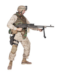 Studio shoot of yelling army soldier with machine gun, Marine Corps machine gunner in camo uniform with ammo belt on body armor, standing, screaming and firing from waist, isolated on white background