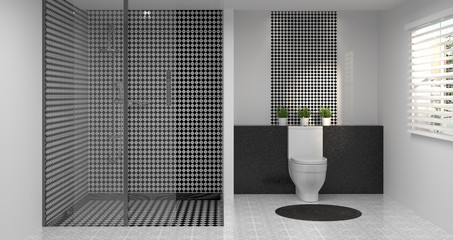 modern interior bathroom design,toilet,shower,home design 3D rendering for copy space background white tile bathroom
