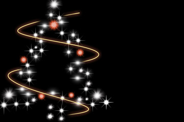 Christmas tree illustration made with lights and colorful sparkles on black background
