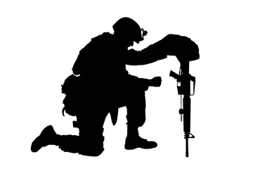 Army soldier in sorrow for fallen comrade, standing on knee, leaning on rifle with helmet and two...