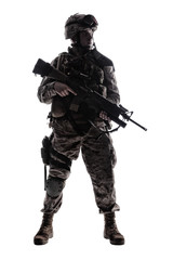 Full length, low key studio shoot of fully equipped army soldier in camo uniform and helmet, armed with pistol and assault service rifle with underbarrel grenade launcher isolated on white background