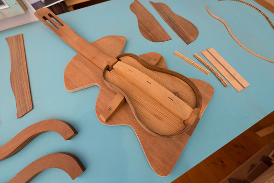 Carpentry workshop of musical instrument timple. The timple is a traditional five-stringed musical instrument in use in the Canary Islands since the 18th century