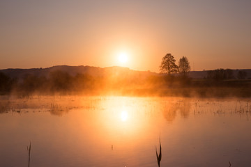Misty Golden Sunrise Reflecting over Lake in Spring.