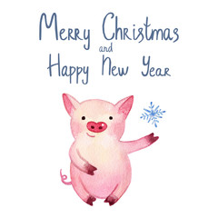 Watercolor Pig with snowflake. 2019 Chinese New Year of the Pig. Christmas greeting card.   Isolated on white background. Cute watercolor illustration. 