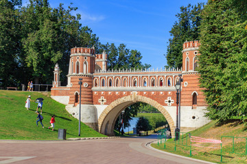 Figured bridge in Museum-reserve Tsaritsyno in Moscow on a green lawn and blue sky background at sunny summer morning