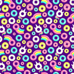 Donut unicorn with white  glaze and rainbow tail, pink, blue mint and yellow lemon donuts, donut comet with rainbow. Seamless pattern. Vector illustration