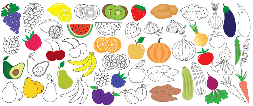 Vegetables, fruits and berries colorful and in black with white colors, icons, big set. Vector illustration.