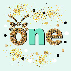 Vector illustration One with antlers, Flower Wreath. Template for Baby Birthday, invitation, greeting card, t-shirt design. Cute One as First year anniversary logo, patch, sticker