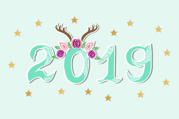 Vector Illustration with 2019 and Deer Tiara as Happy New Year postcard, party invitation, postcard motive, Merry Christmas card.