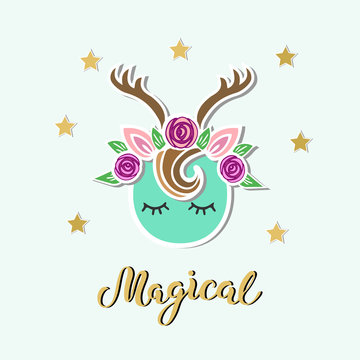 Magical Deer vector illustration as logo, badge, patch isolated on blue background. Handwritten Magical. Deer for invitation, birthday, greetings, party, Merry Christmas motive, t-shirt design.
