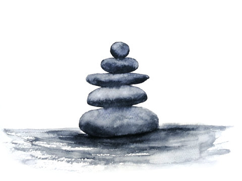 watercolor spa zen stones. hand drawn illustration isolated on white background.Traditional oriental. asia art style