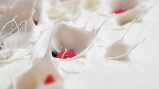 Tossing blueberries and raspberries in yoghurt. Shot with high speed camera, phantom flex 4K. Slow Motion.