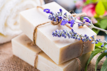 Handmade soap bars. Homemade Soap with Lavender Flowers