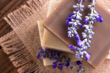 Handmade soap bars with lavender flowers, Closeup