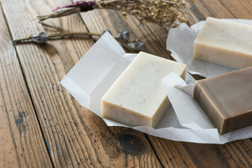 Handmade natural soap on wooden background
