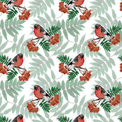 Bullfinch on a rowan twig seamless pattern