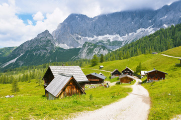 Fototapeta na wymiar Neustattalm - traditional Austrian mountain village close to Dachstein, Austria.