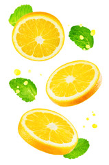 Fototapeta na wymiar Flying Oranges with mint leaves
