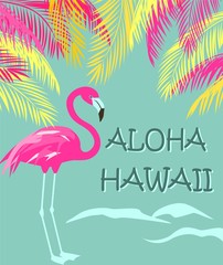 T shirt fashion print with Aloha Hawaii lettering, palm leaves and pink flamingo. Flat design