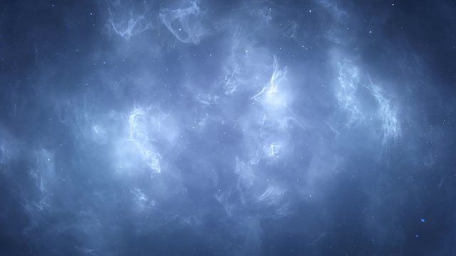 Space scene. The camera moves forward among the stars and glowing gas clouds.