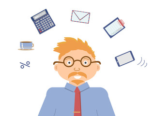 Very busy financial accountant with ginger mustache and beard and with many thoughts about job. There are a calculator, percent, an envelope, a mobile telephone and to do list. Vector illustration