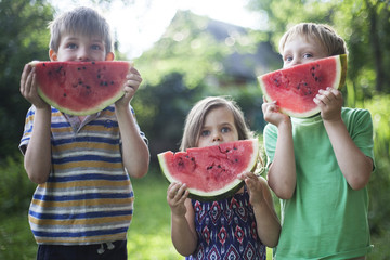 Cheerful happy children eat watermelon in the garden